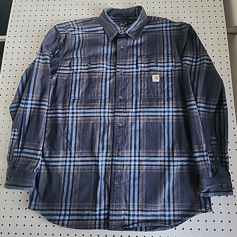 CARHARTT Size Large Blue Plaid Loose Fit Heavyweight Flannel Men Work Shirt